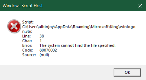 WANTED SOLUTION FOR windows script host error line 38 code 80070002 ...