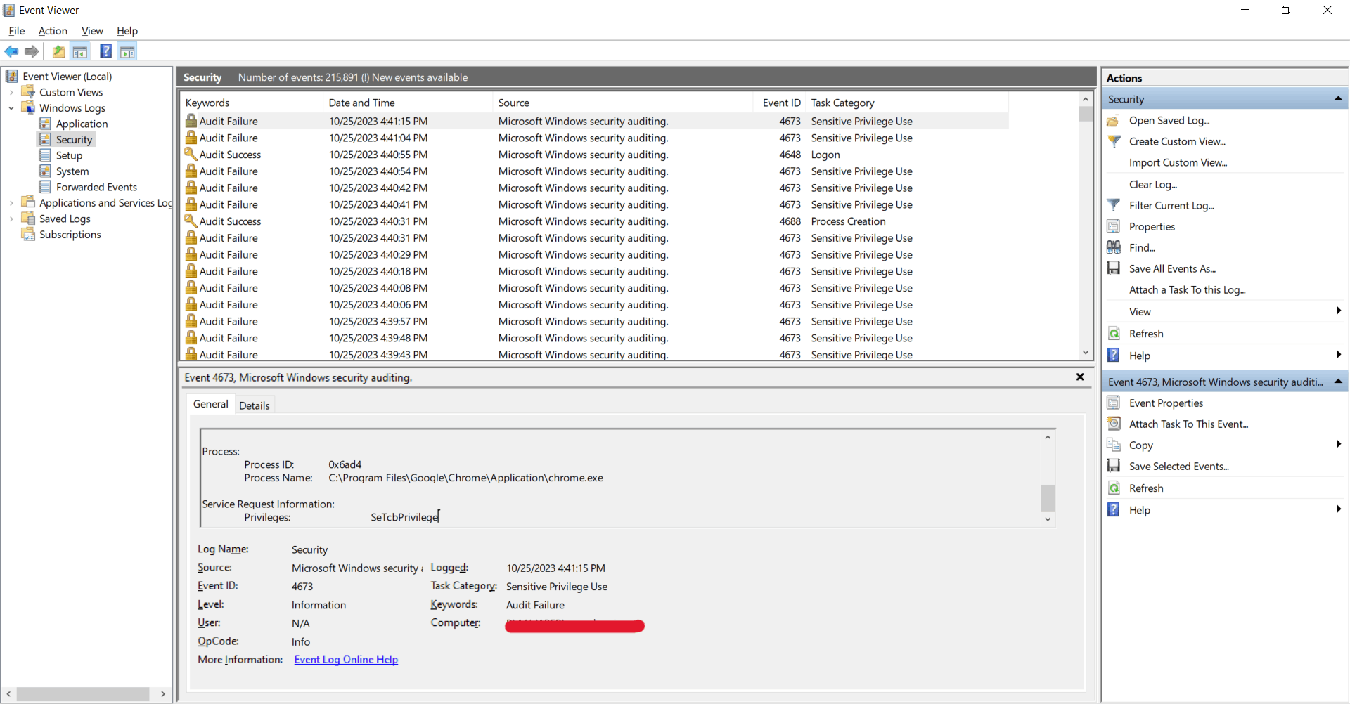 Event 4673, Micorsoft Windows Security Auditing, A privileged service ...