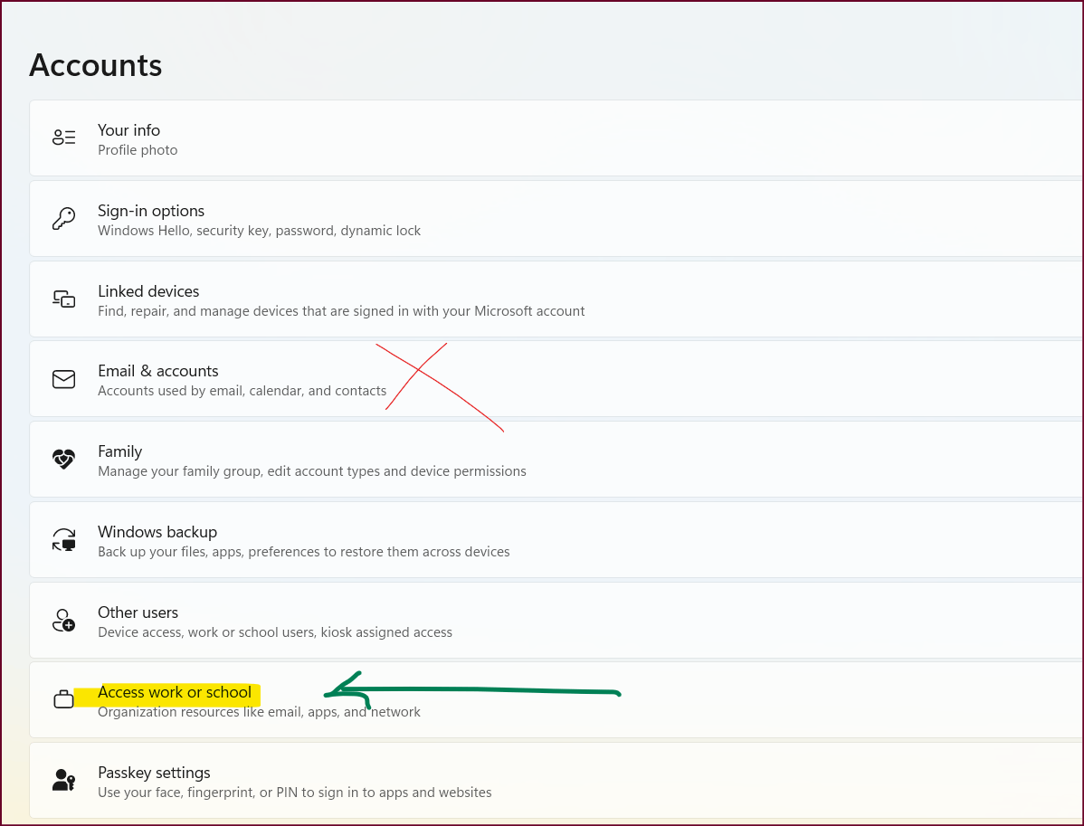 Disconnect not available How remove work account from windows 11 after ...