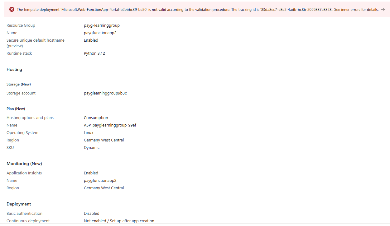 Unable to create a function app | The template deployment 'Microsoft ...