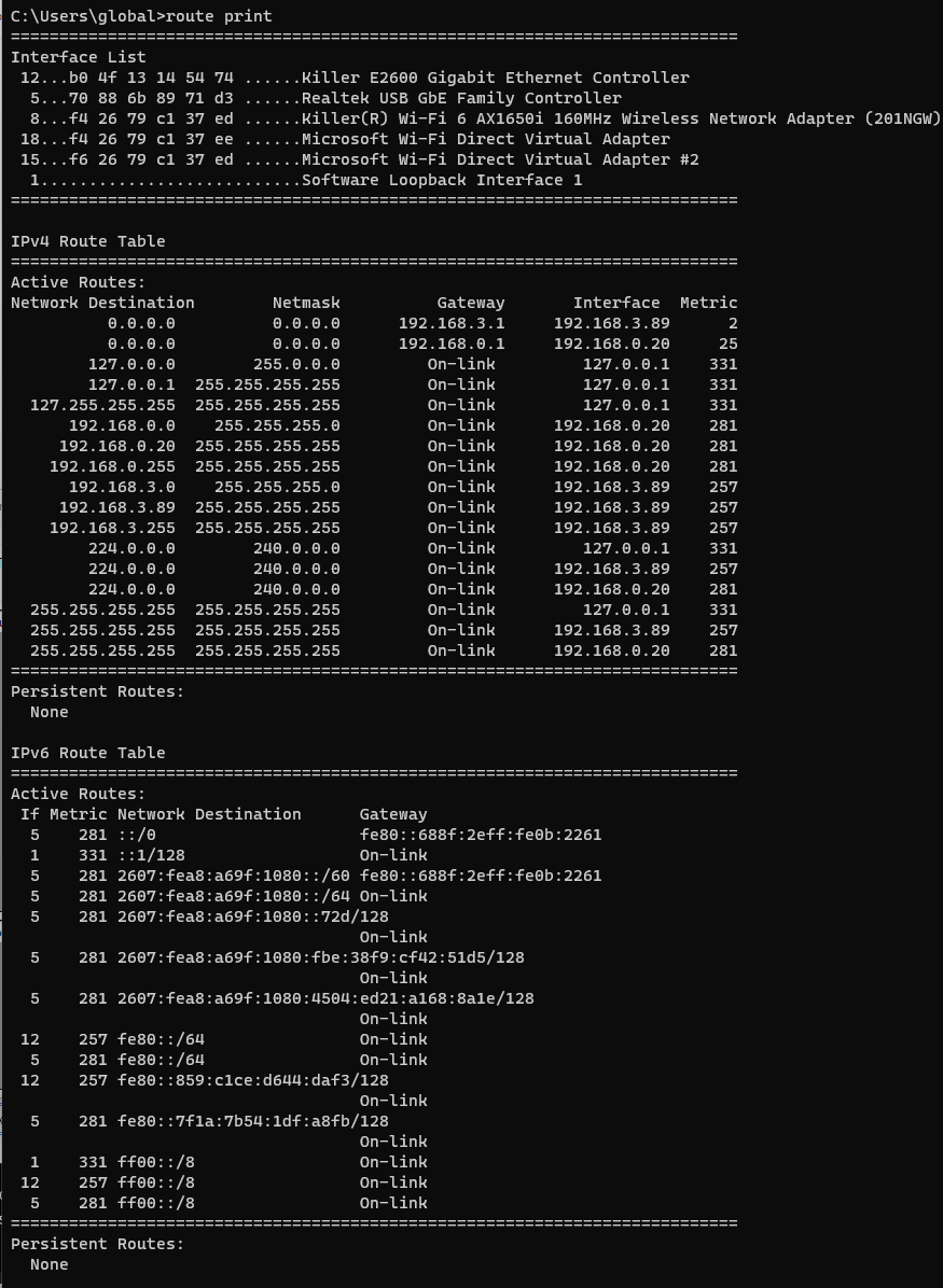 Network route print Rogers Prioritized over Bell 2024-01-12
