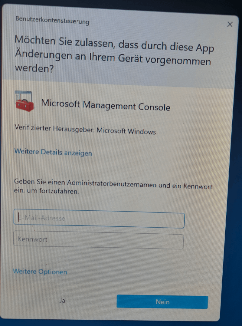 Als lokaler Administrator ausführen erfordert die Eingabe des