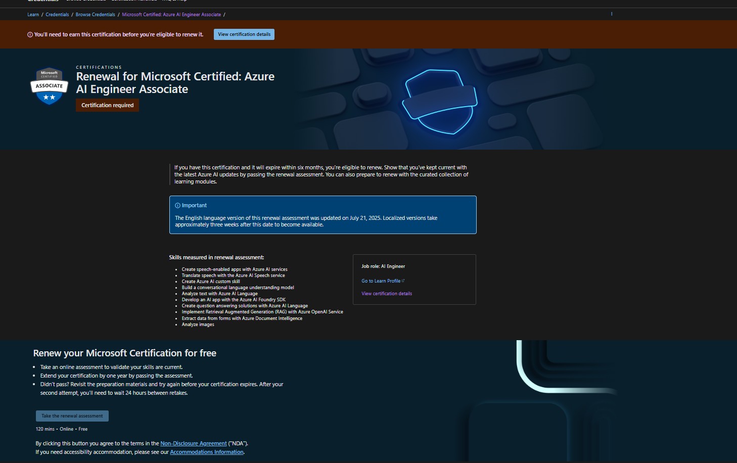 Unable to renew certification exam despite being eligible - Microsoft Q&A