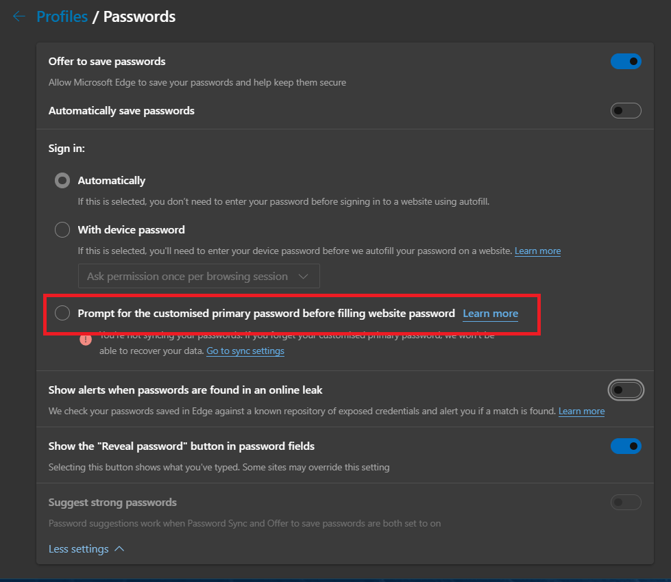 Reset Microsoft Edge Primary Password - Microsoft Q&A