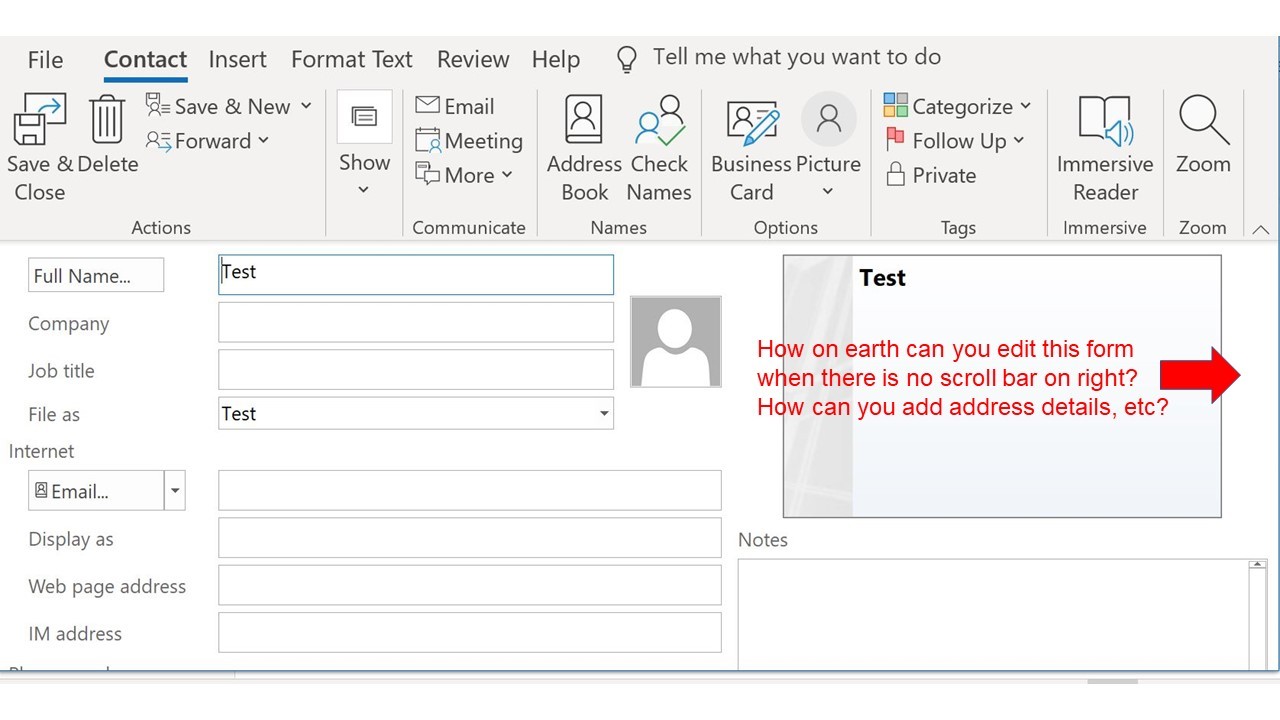 STILL no vertical scroll bar in Outlook Contacts - Microsoft Q&A