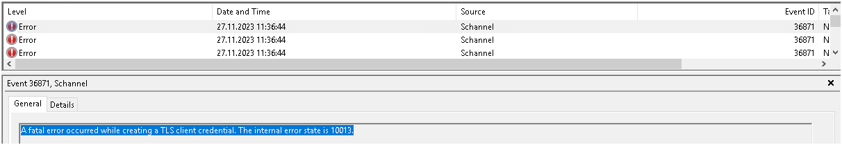 Event ID 36871 on RDS - A fatal error occurred while
