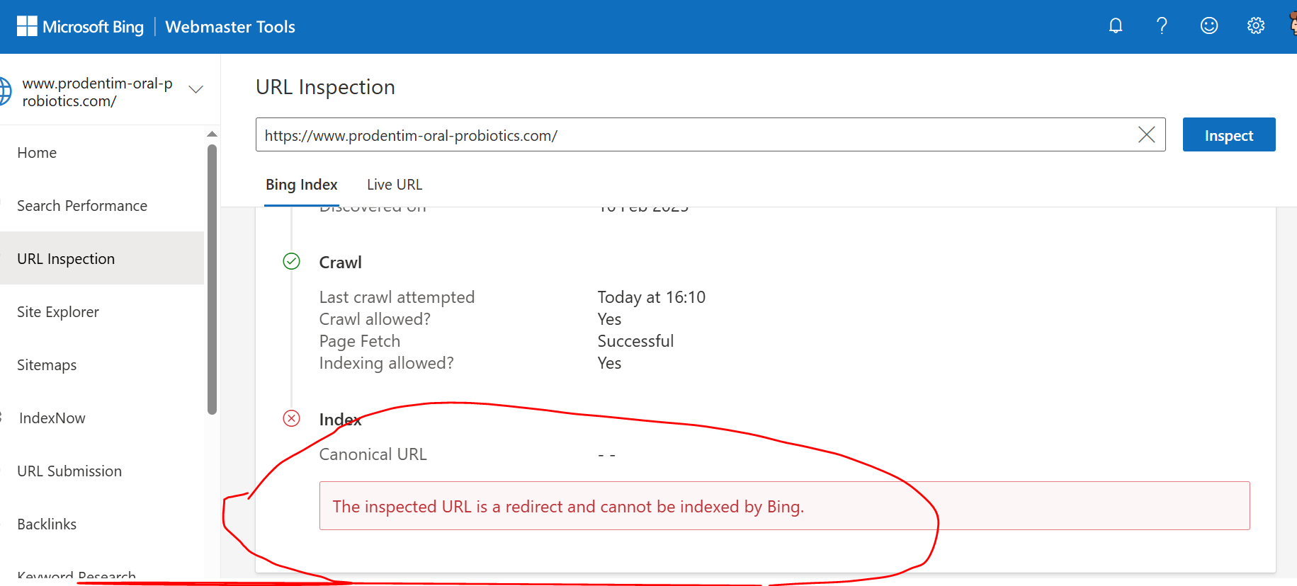 The inspected URL is a redirect and cannot be indexed by Bing ...