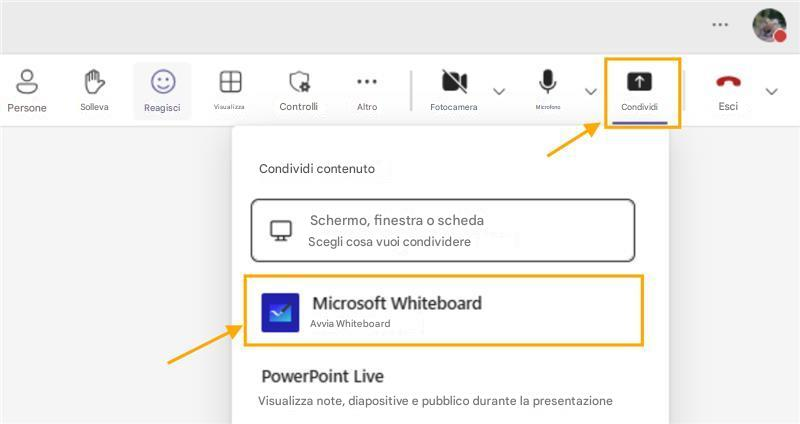 ...PersoneSollevaReagisciVisualizzaControlliAltroFotocameraMicrofono↑CondividiEsciCondividi contenutoSchermo, finestra o schedaScegli cosa vuoi condividereMicrosoft WhiteboardAvvia WhiteboardPowerPoint LiveVisualizza note, diapositive e pubblico durante la presentazione