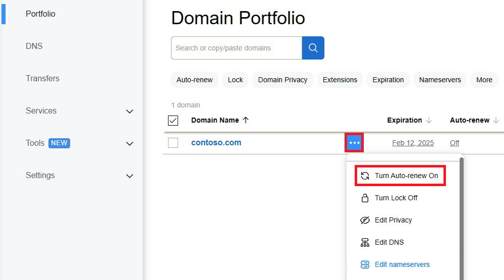 qna dcc domain list turn on auto renew