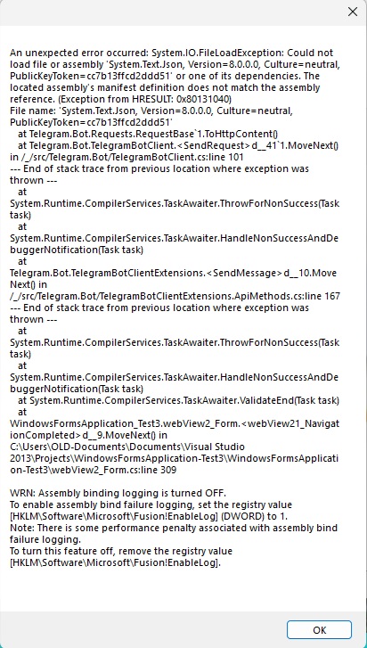 C# win form sending a message on telegram to a pr. channel exception ...
