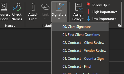 Signatures are available to select from the Signature tab, but they are ...