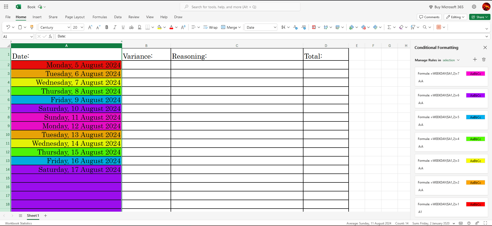 How do I make certain days correspond with specific colours ...