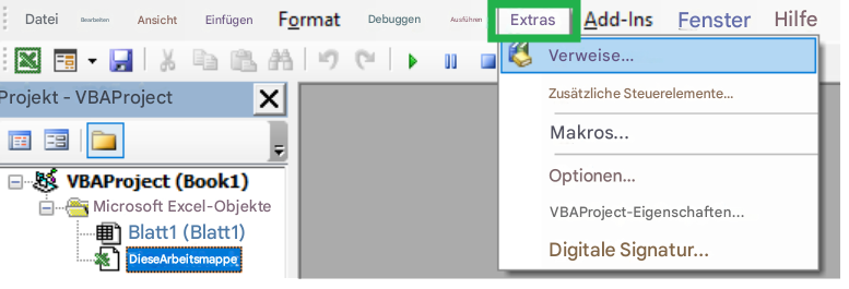 DateiBearbeitenAnsichtEinfügenFormatDebuggenAusführenExtrasAdd-InsFensterHilfeProjekt - VBAProjectX52-00Verweise...Zusätzliche Steuerelemente...Makros...VBAProject (Book1)Microsoft Excel-ObjekteBlatt1 (Blatt1)DieseArbeitsmappeOptionen...VBAProject-Eigenschaften...Digitale Signatur...