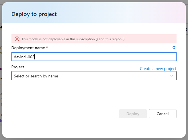 Azure AI Studio Preview: "This model is not deployable in this ...