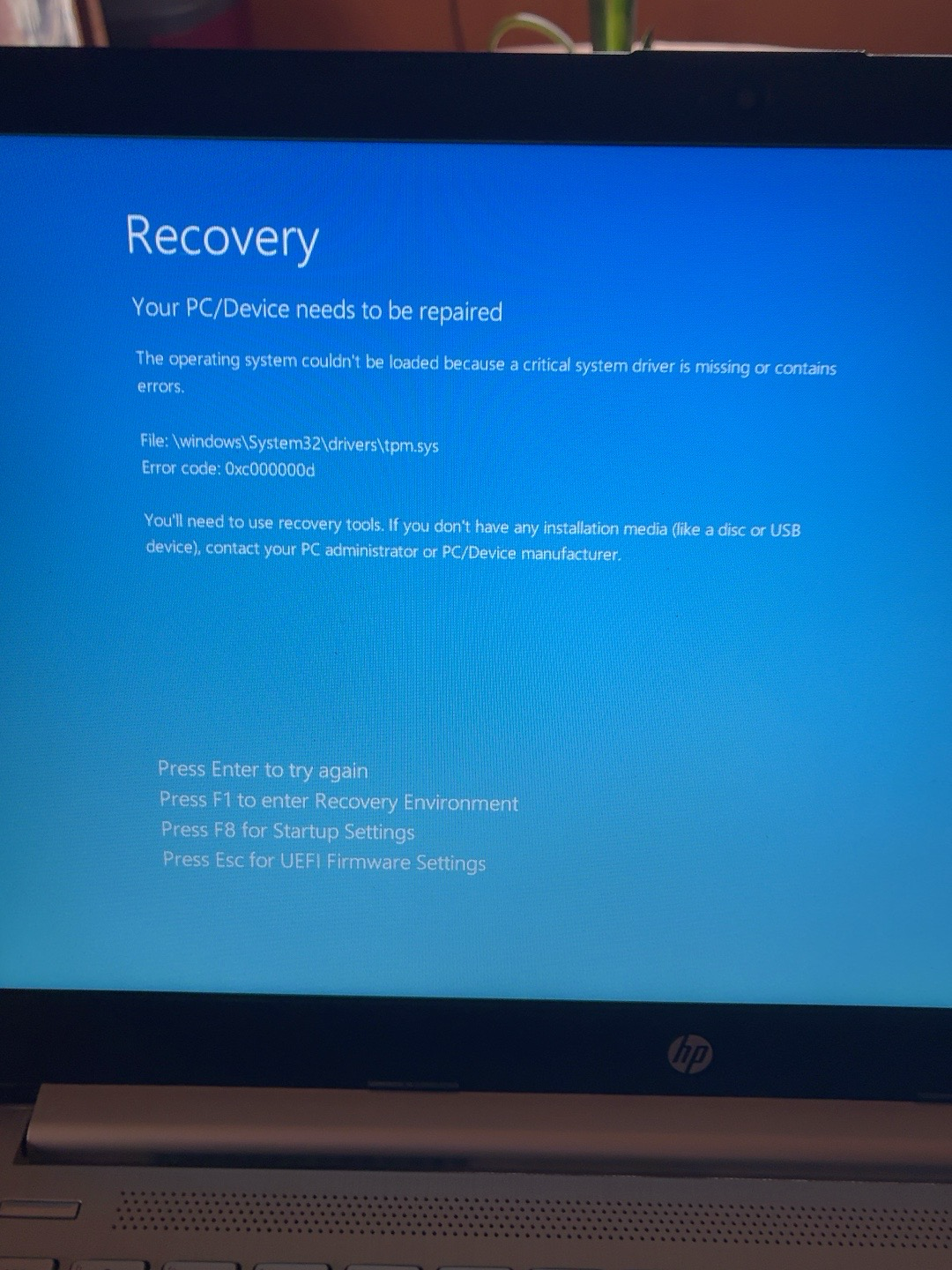 error code 0xc000000d file windows\system32\drivers\tpm.sys - Microsoft Q&A