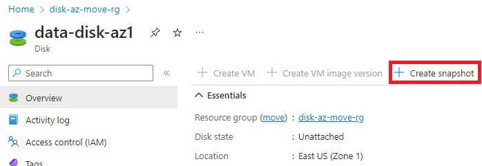 azure disk create snapshot button