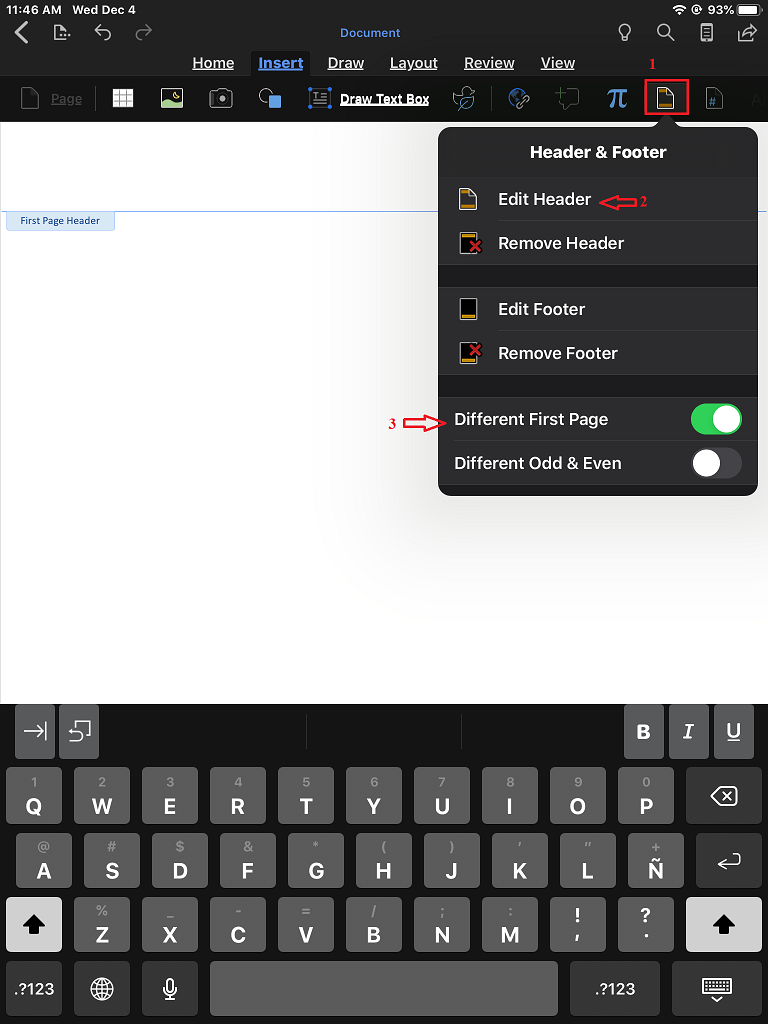 Different first page for a header in Word tablet app - Microsoft Q&A