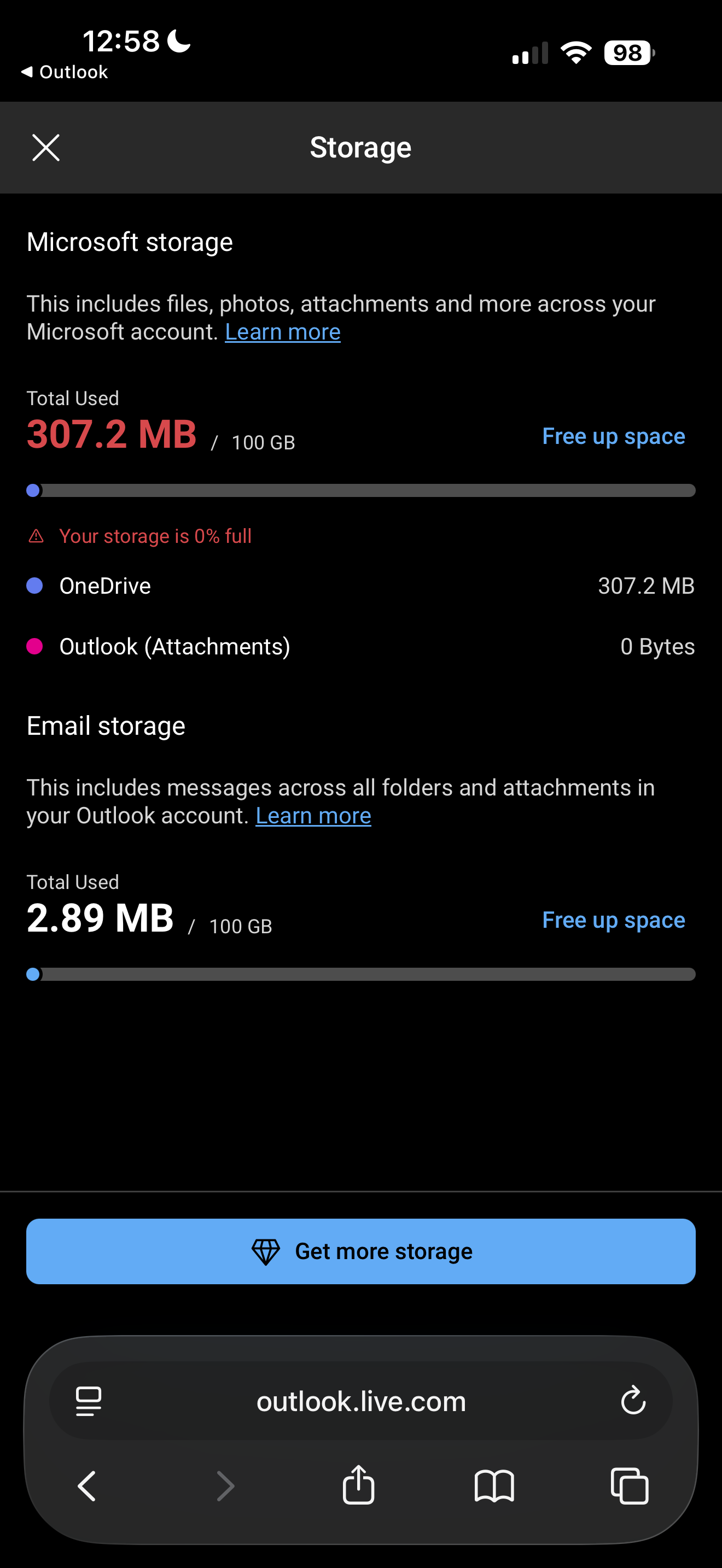 Outllook email says storage is full - Microsoft Q&A
