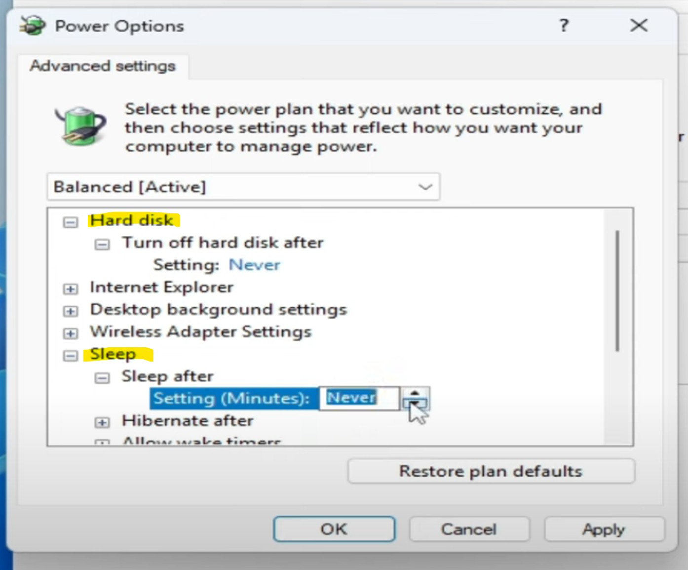 Power options -advance settings
