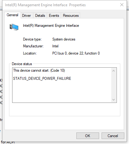 Intel Management Engine Interface -This device cannot start. (Code 10 ...