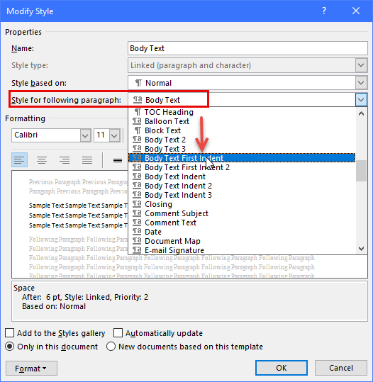 How automatically change the format for a following paragraph, e.g. for ...
