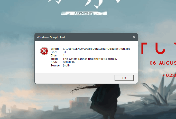 Windows Script Host error: Line 31, Char 1, Error: The system cannot ...