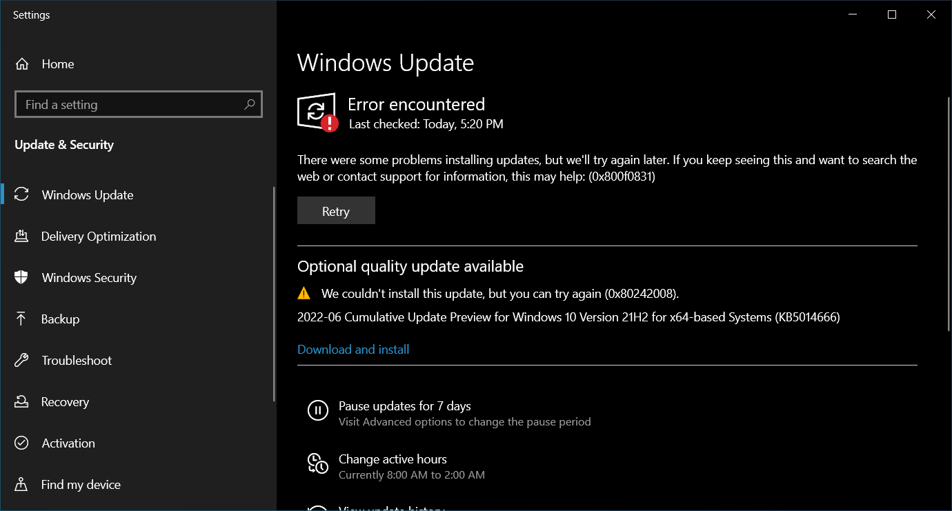 Windows Update - error (0x800f0831) and (0x80242008