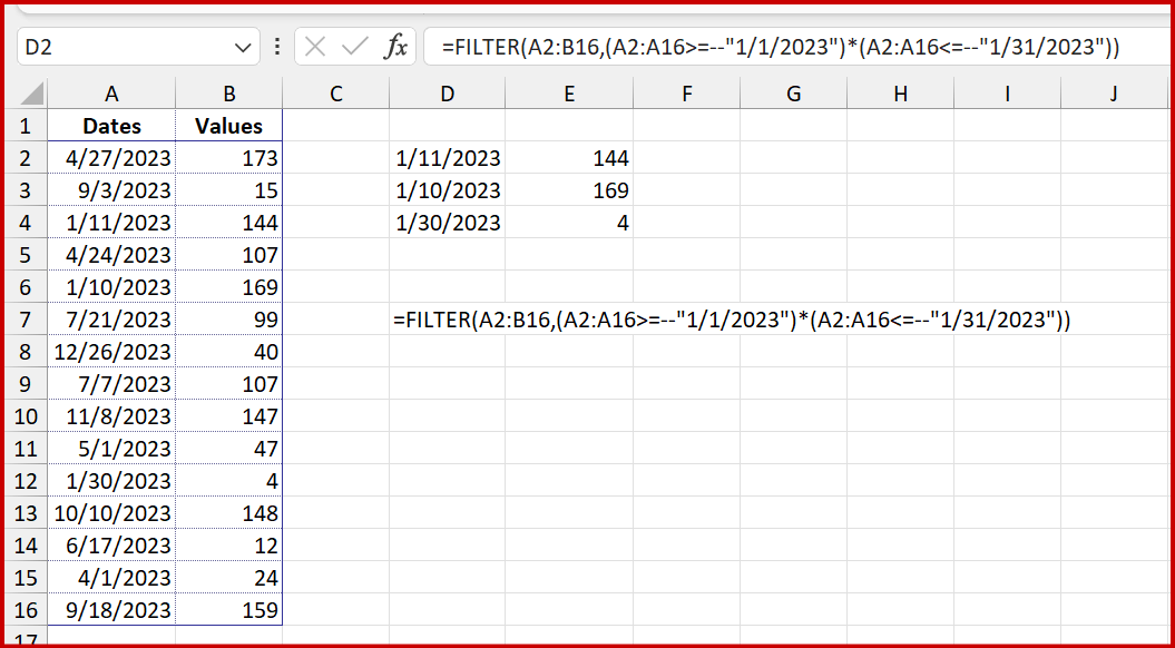 I would like to use the =Filter command to return results greater than ...
