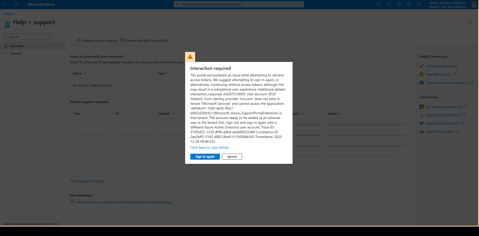 2025-12-30 12_45_02-Help + support - Microsoft Azure