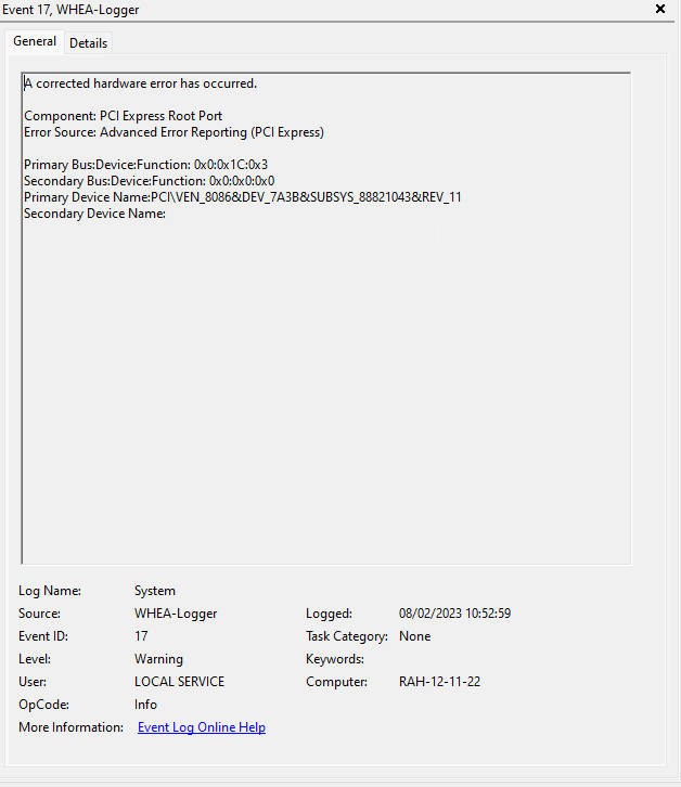 WHEA-Logger Event 17 - PCI Express Root Port - Microsoft Q&A