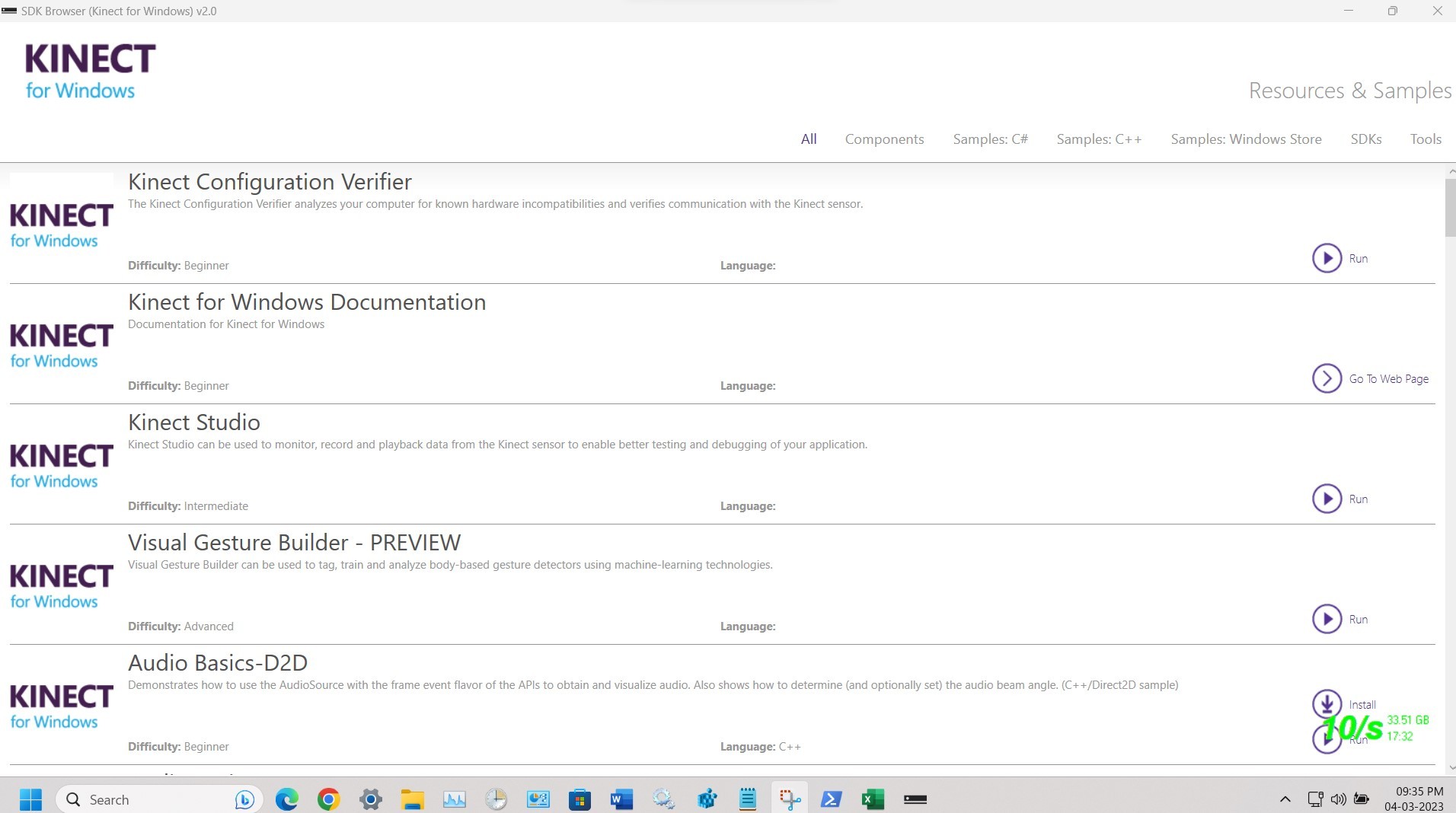 No button for run in SDK Browser Kinect v2 on WIndows 11 - Microsoft Q&A