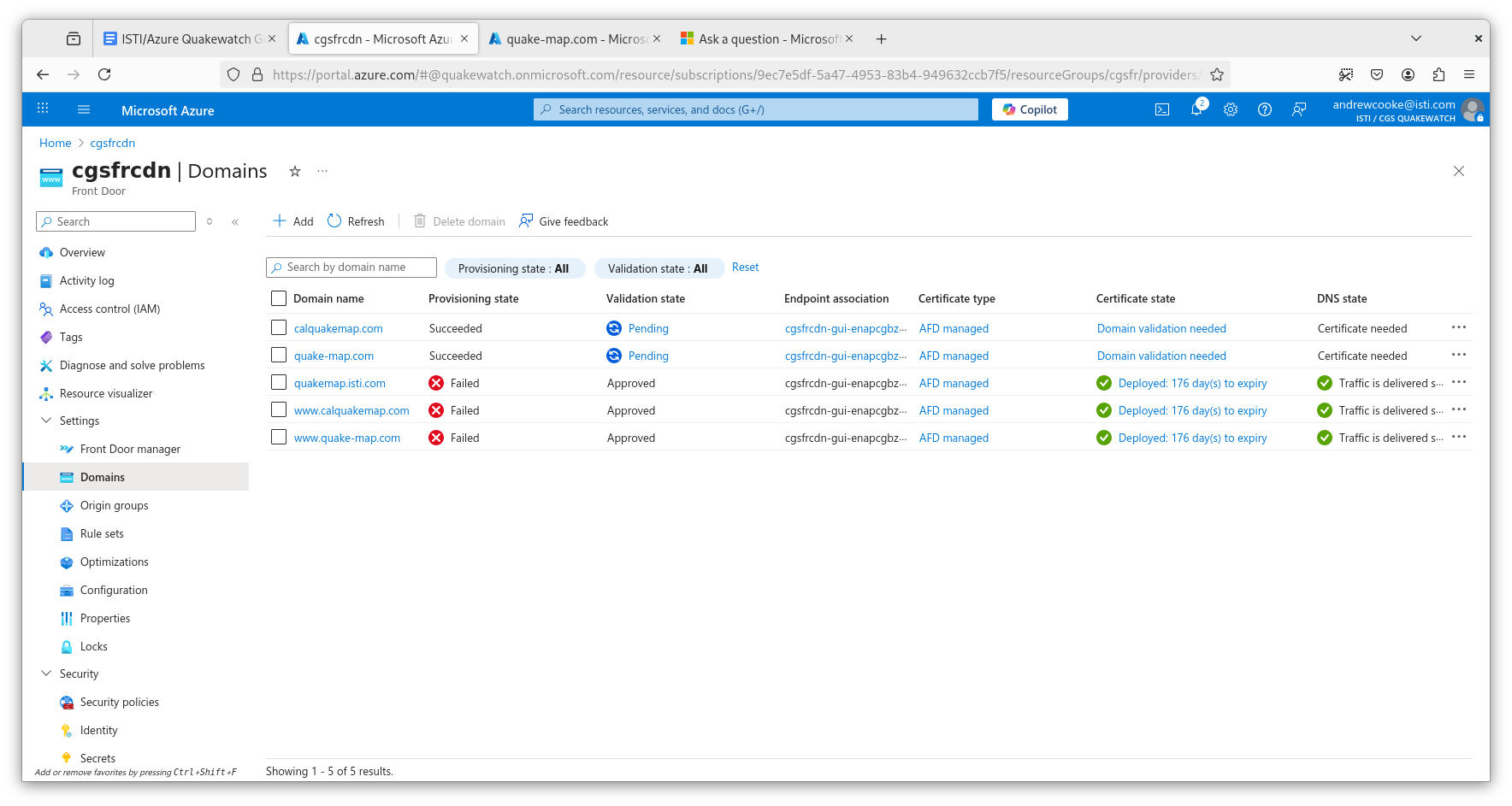 Azure Front Door Provisioning State of three domains change to Failed ...