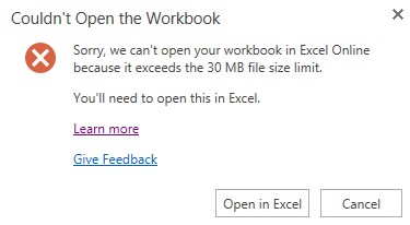 EXCEL file size became too large makes it unable to be opened online ...