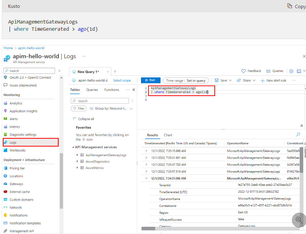 Azure diagnostics table is not showing under Azure APIM logs. What can ...