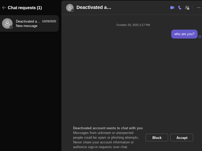 Chat request from Deactivated Account on my personal Microsoft Teams ...