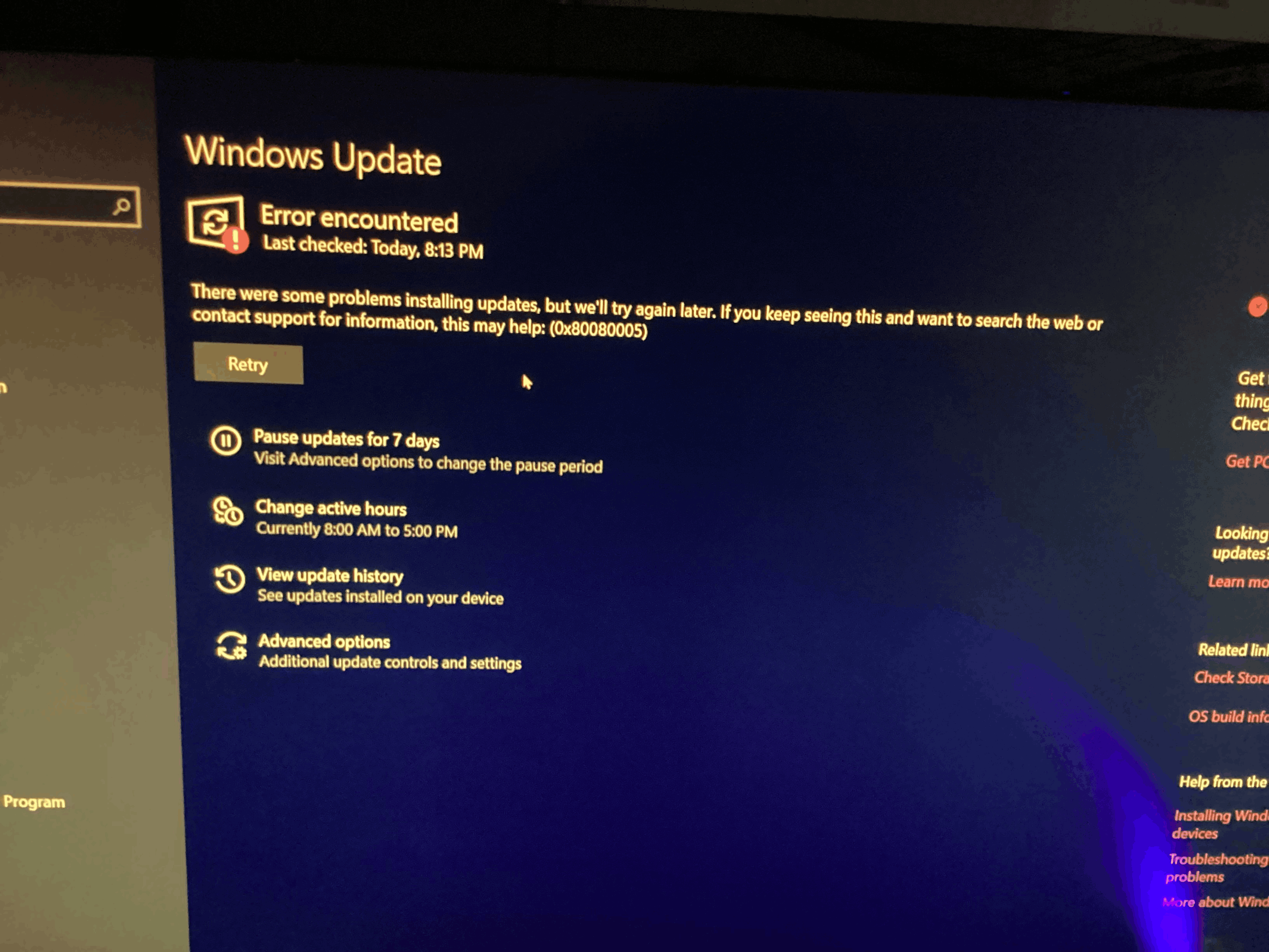 cannot update windows 10 error 0x80080005 - Microsoft Q&A