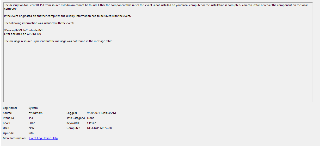 Getting Event ID 153 from nvlddmkm. When running program that uses GPU ...