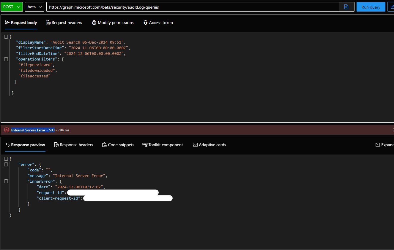 Internal Server Error - 500 - Graph Beta auditLogQuery - Microsoft Q&A