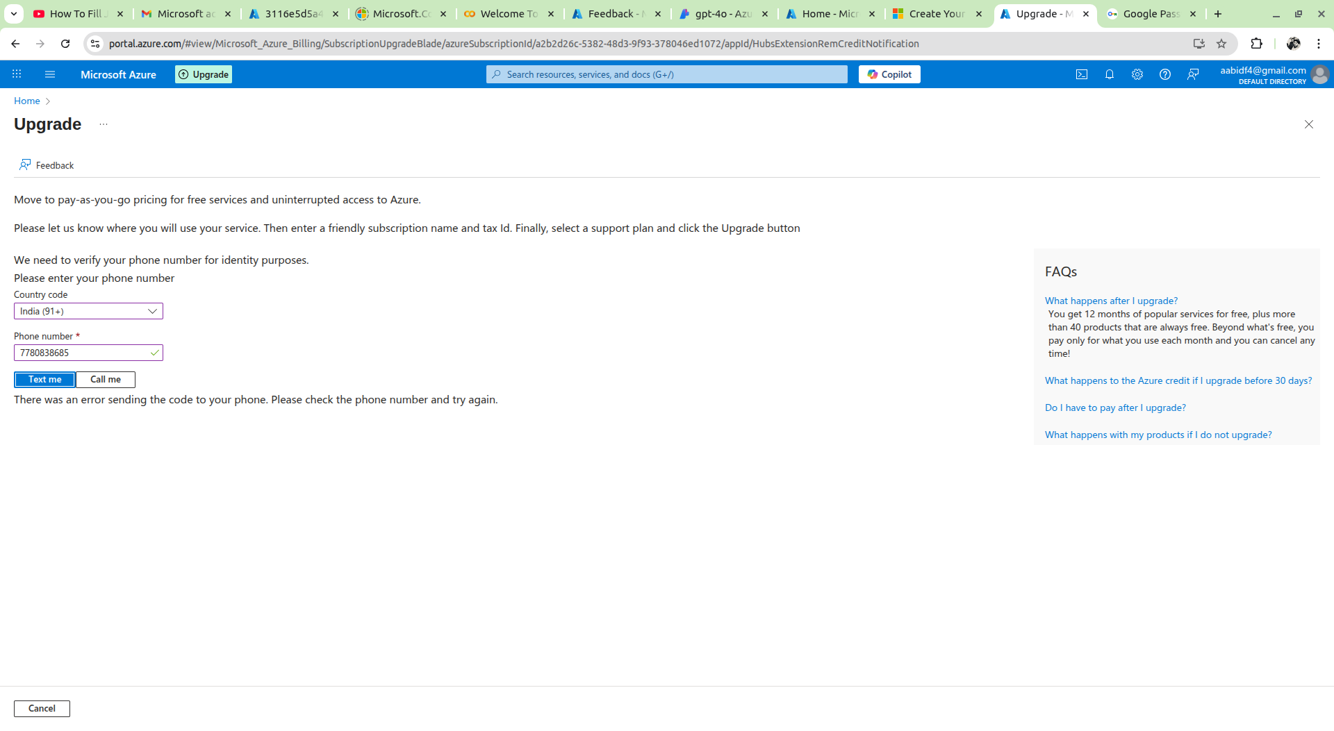 I am not able to upgrade my azure subscription - Microsoft Q&A