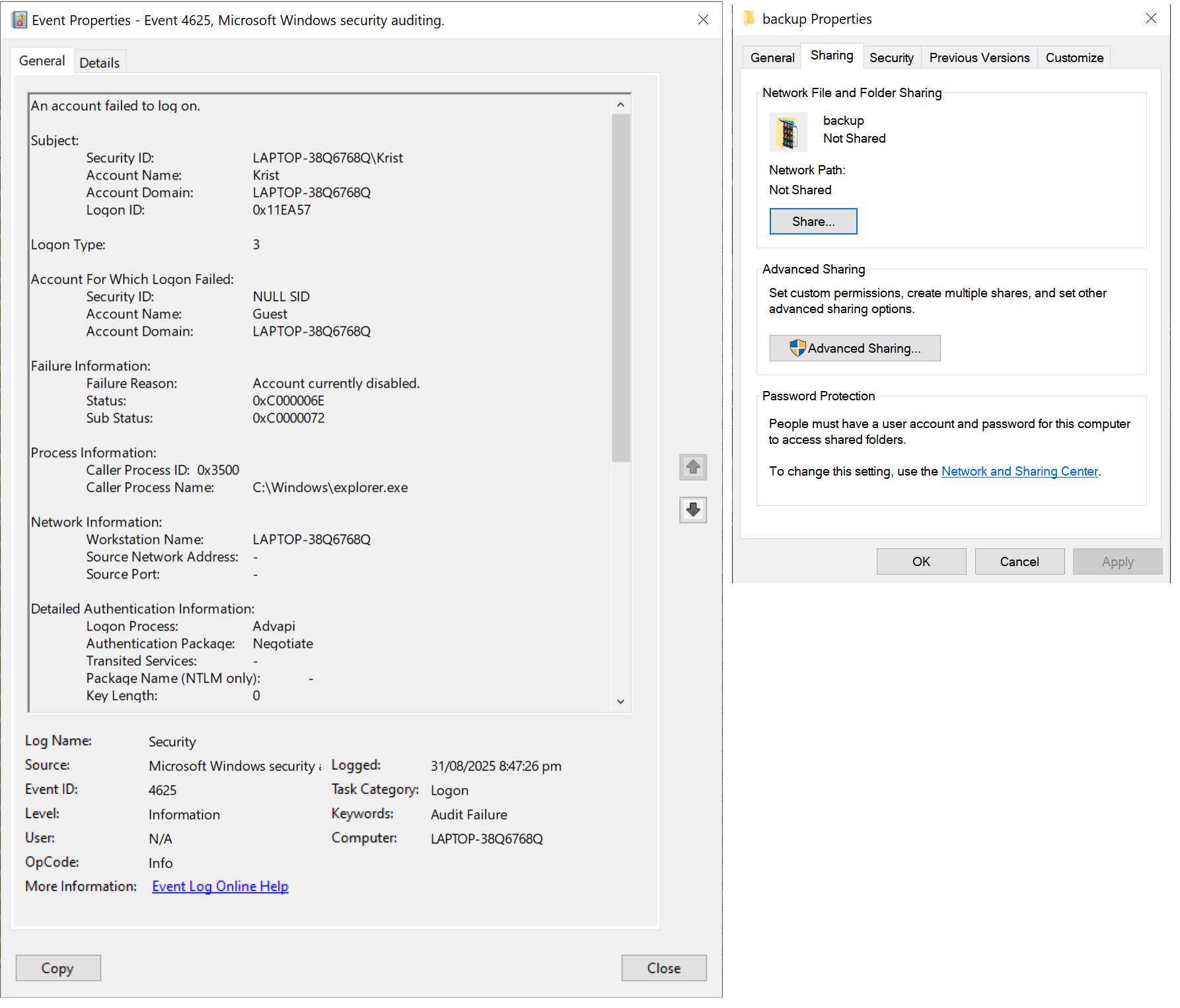 Why does selecting sharing tab trigger event 4625? - Microsoft Q&A