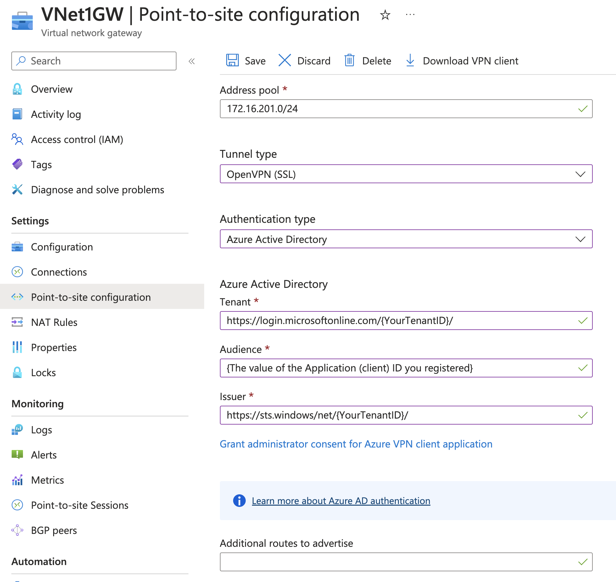 Screenshot showing point-to-site configuration page.