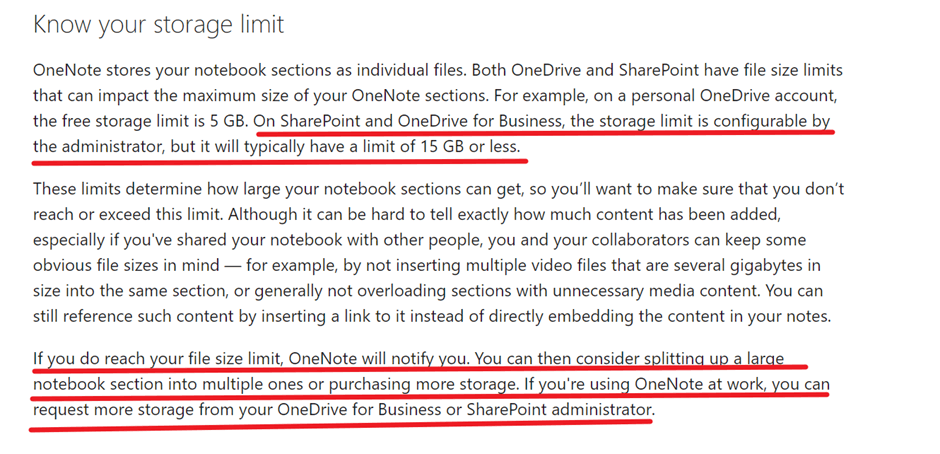 Size limit of OneNote Business - Microsoft Q&A
