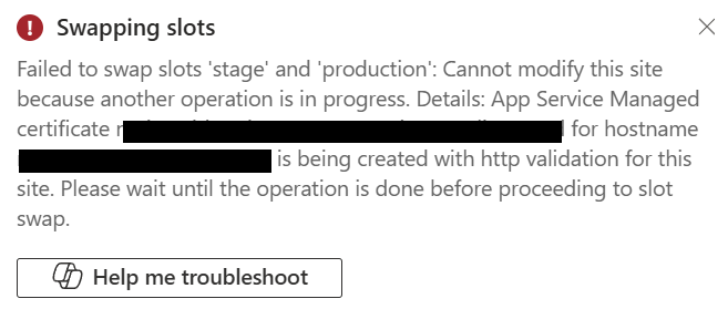 Failed to swap slots: Cannot modify this site because another operation ...
