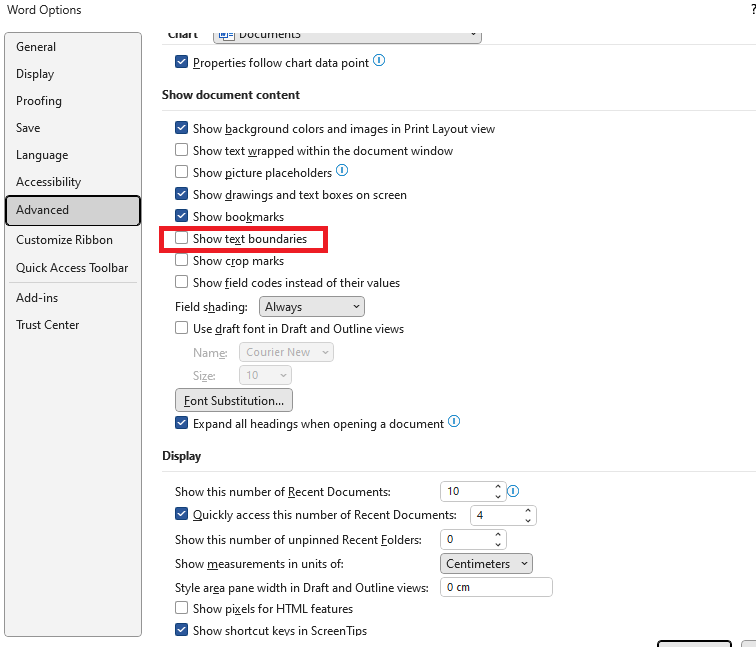 Office 2019 when I show text Boundaries, there are too much margin in ...
