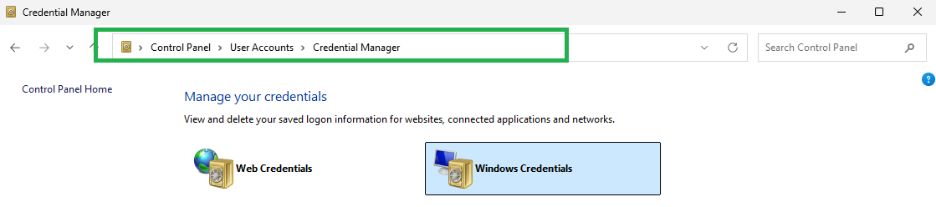 Credential Manager × € > Control Panel > User Accounts > Credential Manager v Search Control Panel a Control Panel Home Manage your credentials View and delete your saved logon information for websites, connected applications and networks. Web Credentials Windows Credentials