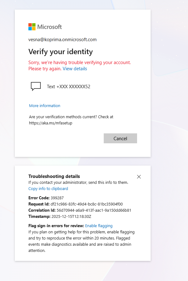 Error Code: 399287 - Microsoft Q&A