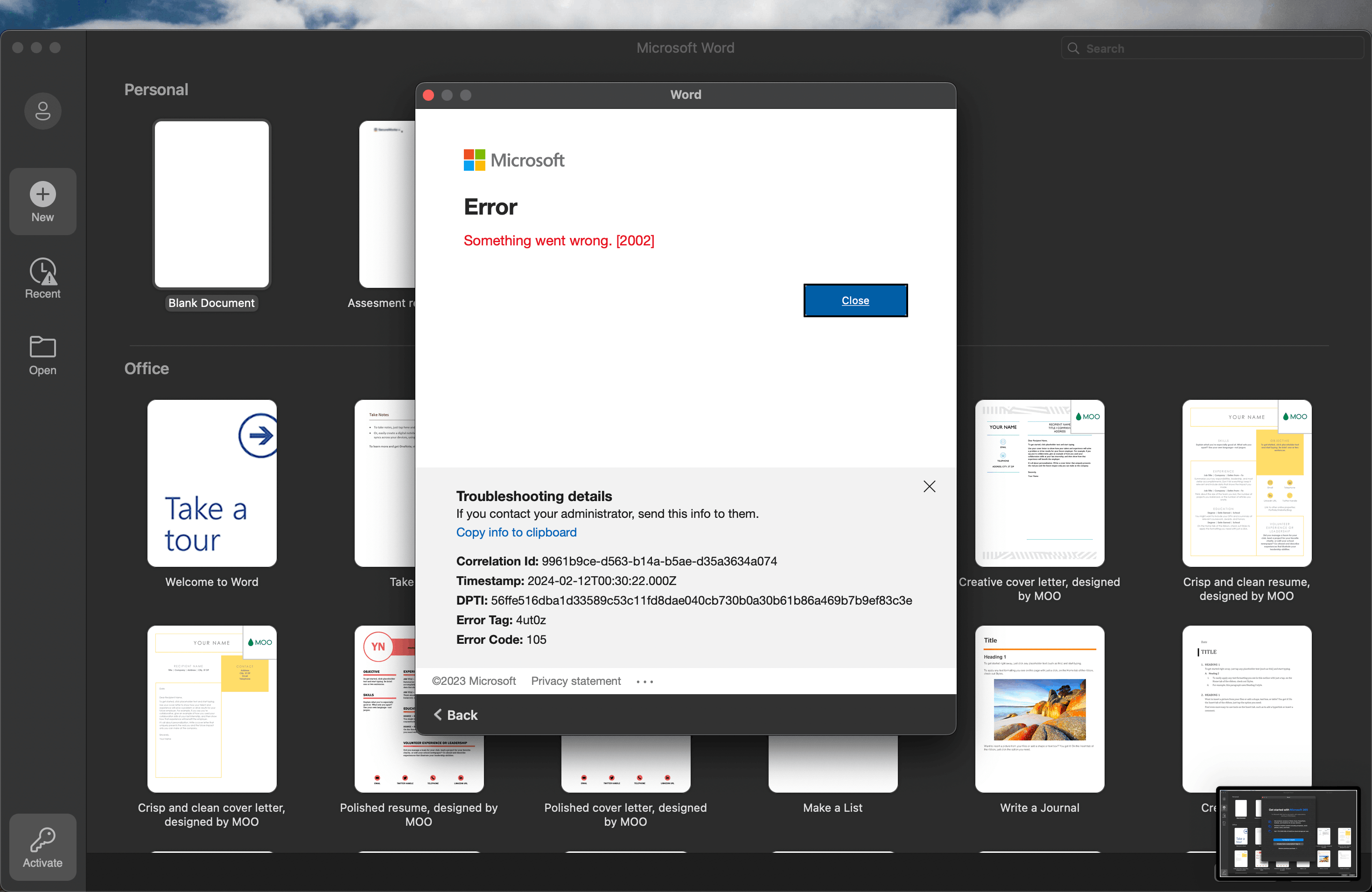 Word and powerpoint apps Mac 2002 error something went wrong ...
