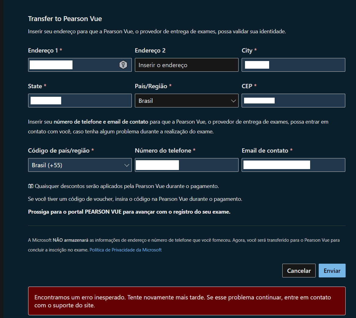 Error Enviar do Formulário Transfer to Pearson Vue - Microsoft Q&A