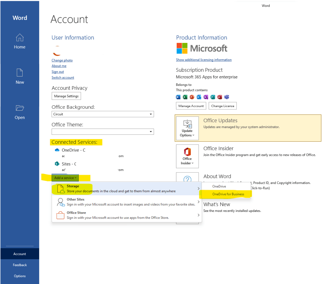 At my University I have a student email Office 365 with access to Office 365  apps online Outlook, OneDrive. I have my purchased office suite on my MS  Surface Pro 6. How, image size:1042x906