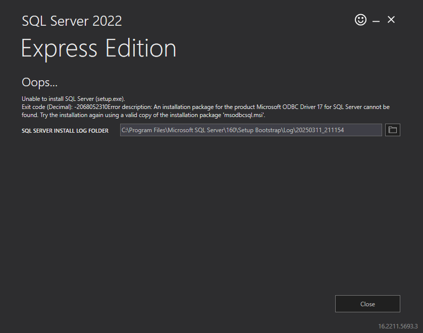 Unable to install SQL server: 2068052310Error - Microsoft Q&A